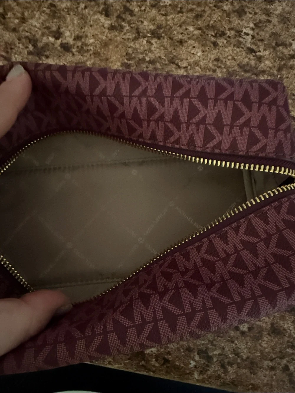Michael Kors Burgundy Signature Logo makeup  Bag with Gold-Tone Hardware